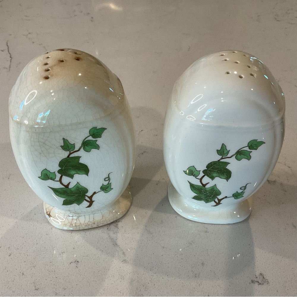 Vintage Harker Ivy Salt & Pepper Shakers 5” Tall Crazing & Chips on Top of Salt